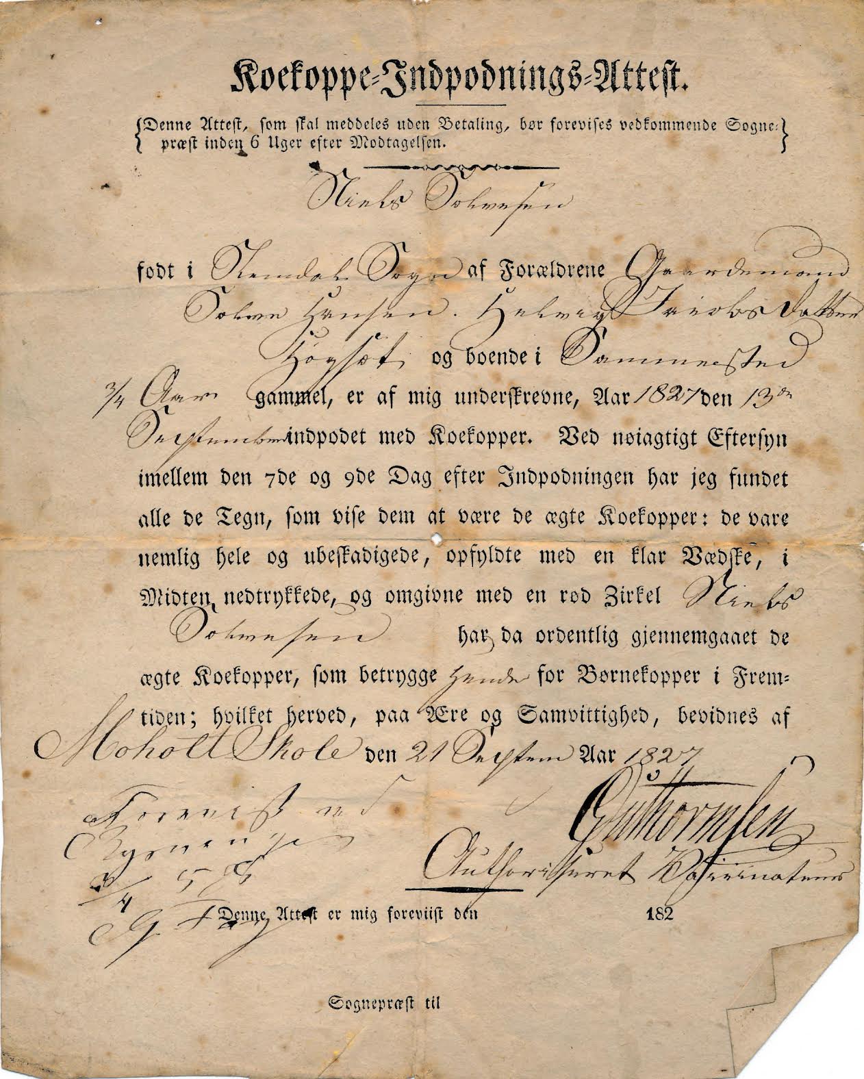Vaccine certificate from 1827, smallpox vaccine. Public domain, via Wikimedia Commons