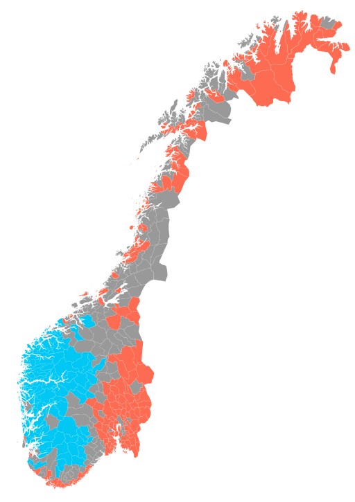 Map of the official language forms of Norwegian municipalities. Red is Bokmål, blue is Nynorsk and gray depicts neutral areas.